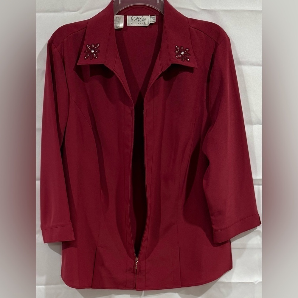 Kathy Che Women Blouse Red Burgundy Embroidered Embellished Zip Blouse Size 14 - Picture 3 of 10
